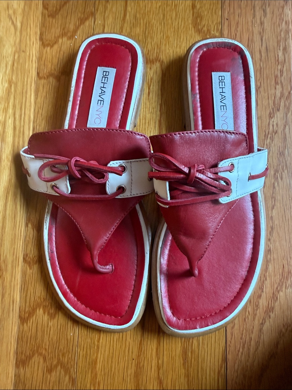 Women's Red and White Toe-Loop Slide Sandals